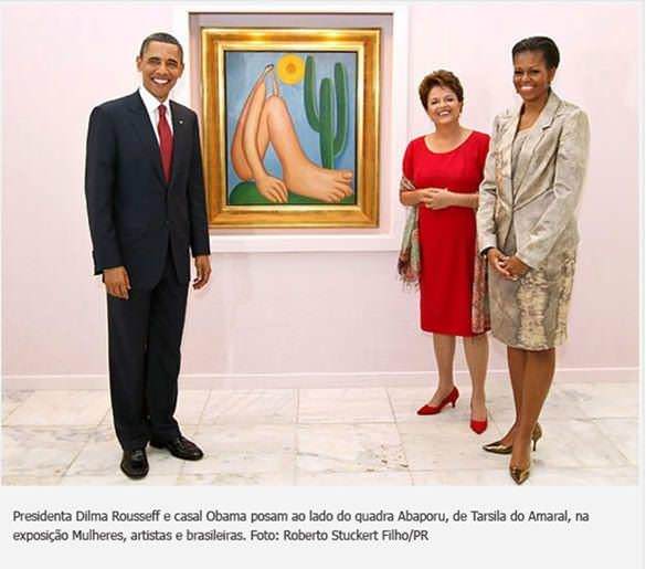 Presidenta Dilma Rouseff e casal Obama ao lado do quadro Abaporu