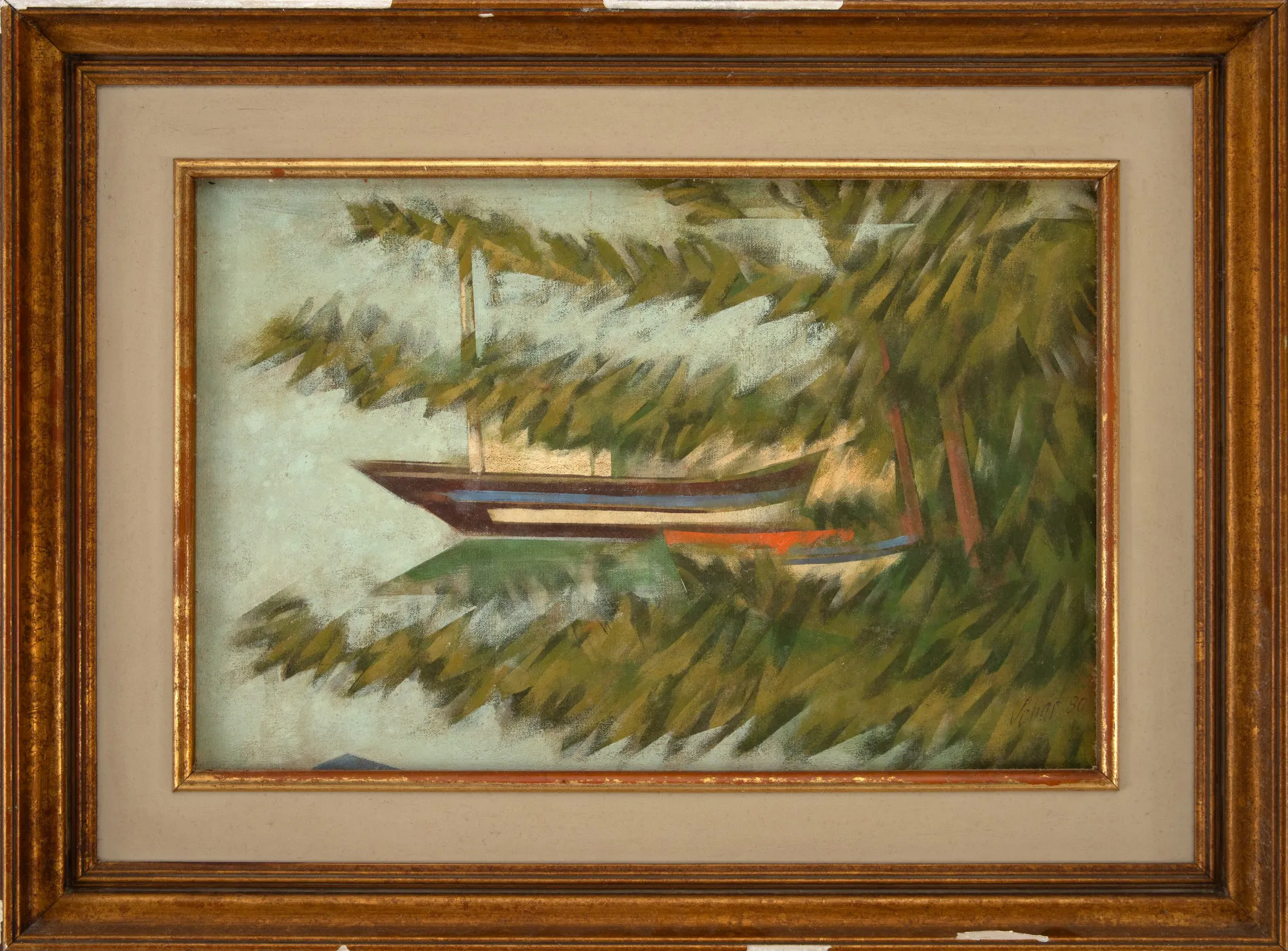 Carlos Scliar - Marinha (amendoeiras e barco na prainha)